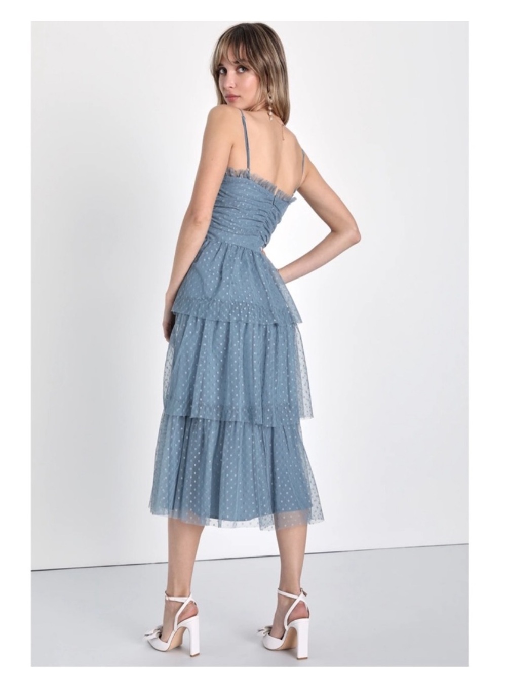 Lulu's Dusty Blue Tiered Dot Mesh Midi Dress